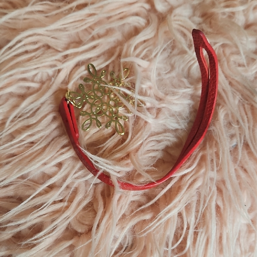 Red Leather Strap Bracelet with Gold Floral Charm